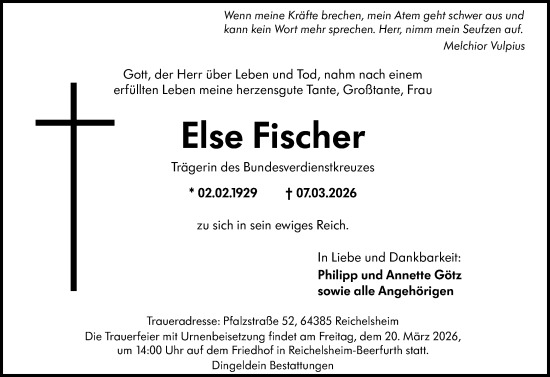 Traueranzeige von Else Fischer von Odenwälder Echo
