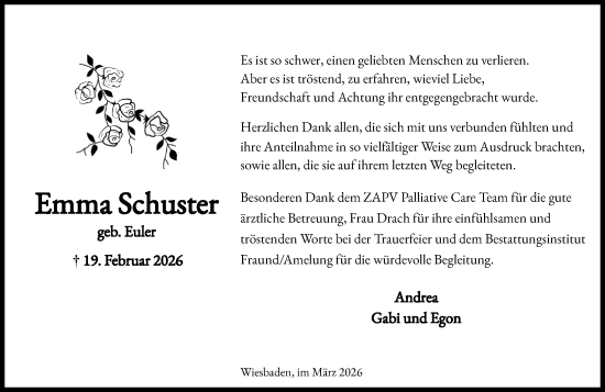 Traueranzeige von Emma Schuster von Wiesbadener Kurier