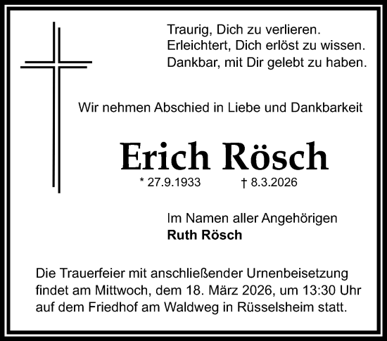 Traueranzeige von Erich Rösch von Rüsselsheimer Echo