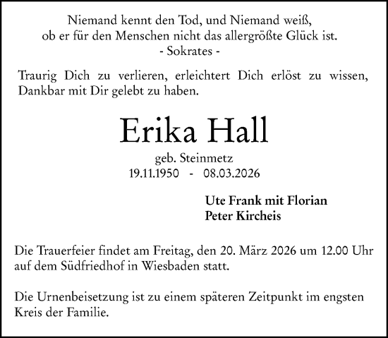 Traueranzeige von Erika Hall von Wiesbadener Kurier