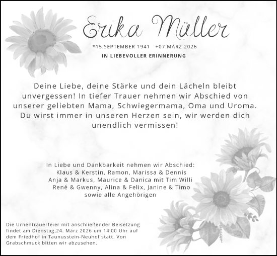 Traueranzeige von Erika Müller von Rheingau-Taunus-Kreis Wochenblatt