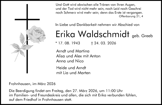 Traueranzeige von Erika Waldschmidt von Dill Block