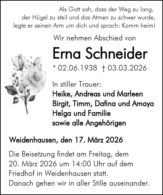 Traueranzeige von Erna Schneider von Hinterländer Anzeiger