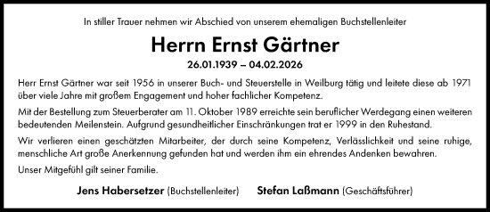 Traueranzeige von Ernst Gärtner von Weilburger Tageblatt