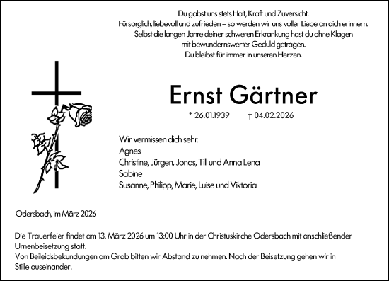 Traueranzeige von Ernst Gärtner von Weilburger Tageblatt