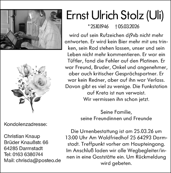 Traueranzeige von Ernst Ulrich Stolz von Darmstädter Echo
