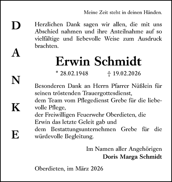 Traueranzeige von Erwin Schmidt von Hinterländer Anzeiger