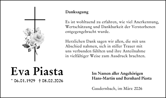 Traueranzeige von Eva Piasta von Weilburger Tageblatt