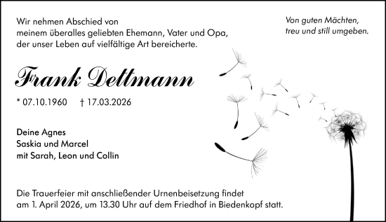 Traueranzeige von Frank Dettmann von Hinterländer Anzeiger