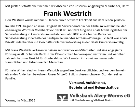Traueranzeige von Frank Westrich von Wormser Zeitung