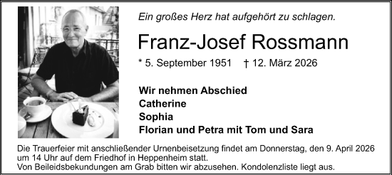 Traueranzeige von Franz-Josef Rossmann von Starkenburger Echo