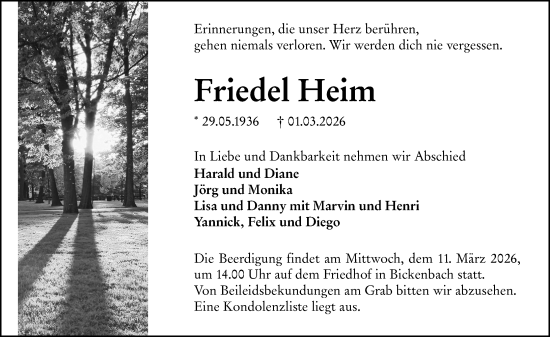 Traueranzeige von Friedel Heim von Darmstädter Echo