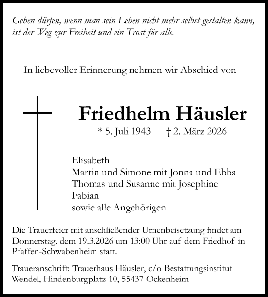 Traueranzeige von Friedhelm Häusler von Binger-/Ingelheimer Wochenblatt