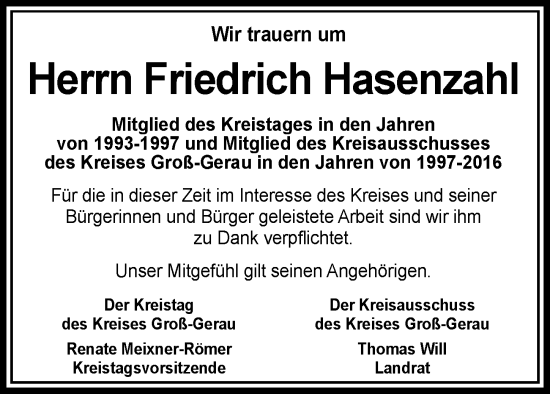 Traueranzeige von Friedrich Hasenzahl von Groß-Gerauer Echo