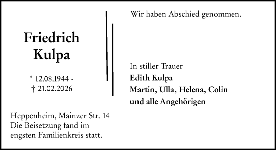 Traueranzeige von Friedrich Kulpa von Starkenburger Echo