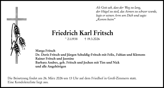 Traueranzeige von Friedrich Karl Fritsch von Dieburger Anzeiger/Groß-Zimmerner Lokal-Anzeiger