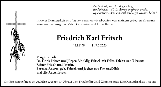 Traueranzeige von Friedrich Karl Fritsch von Dieburger Anzeiger/Groß-Zimmerner Lokal-Anzeiger
