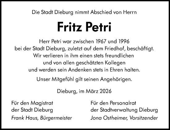 Traueranzeige von Fritz Petri von Dieburger Anzeiger/Groß-Zimmerner Lokal-Anzeiger