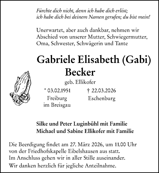 Traueranzeige von Gabriele Elisabeth Becker von Dill Block