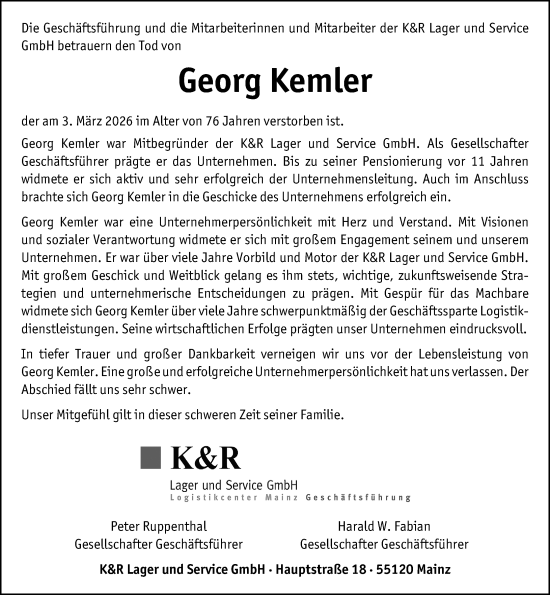 Traueranzeige von Georg Kemler von Allgemeine Zeitung Mainz
