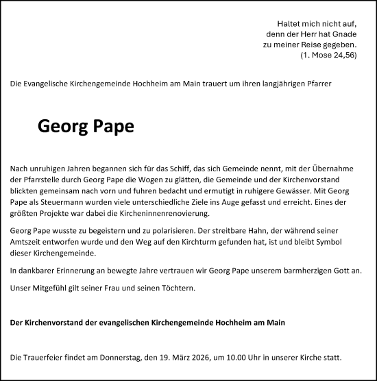 Traueranzeige von Georg Pape von Hochheimer Zeitung