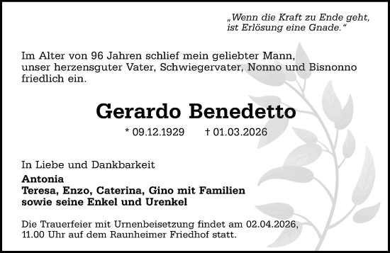 Traueranzeige von Gerardo Benedetto von Rüsselsheimer Echo