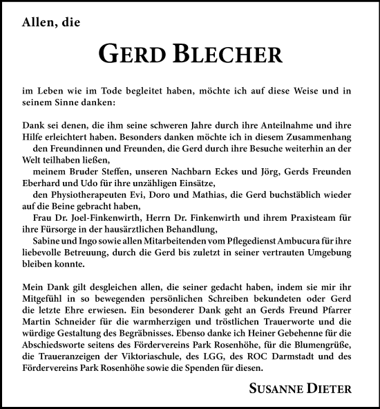 Traueranzeige von Gerd Blecher von Darmstädter Echo