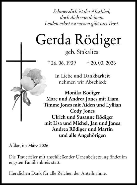 Traueranzeige von Gerda Rödiger von Wetzlarer Neue Zeitung