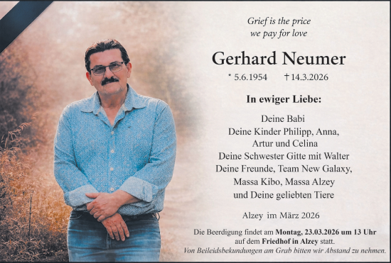 Traueranzeige von Gerhard Neumer von Allgemeine Zeitung Alzey