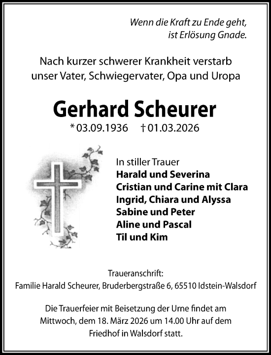 Traueranzeige von Gerhard Scheurer von Camberger Anzeiger