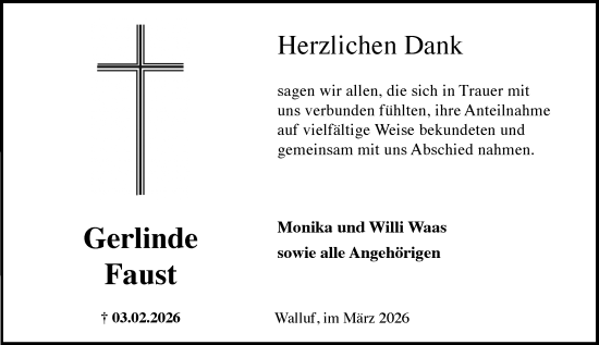 Traueranzeige von Gerlinde Faust von Wiesbadener Kurier