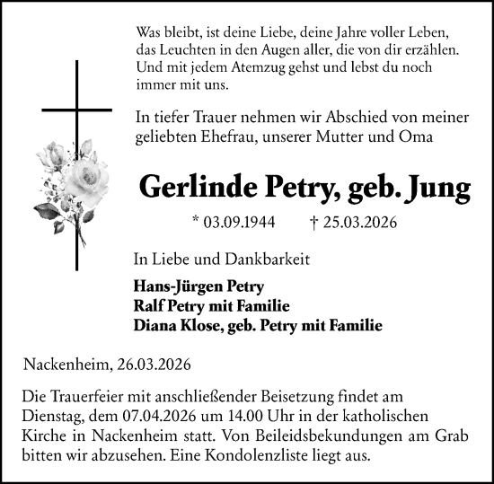 Traueranzeige von Gerlinde Petry von Allgemeine Zeitung Mainz