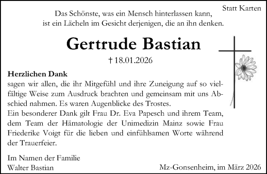 Traueranzeige von Gertrude Bastian von Allgemeine Zeitung Mainz