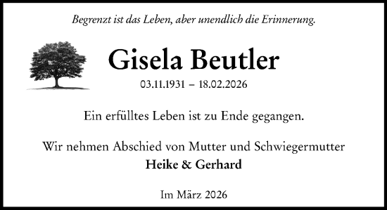 Traueranzeige von Gisela Beutler von Wiesbadener Kurier
