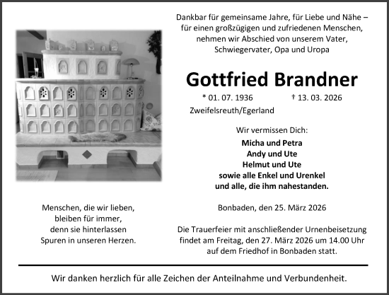 Traueranzeige von Gottfried Brandner von Wetzlarer Neue Zeitung