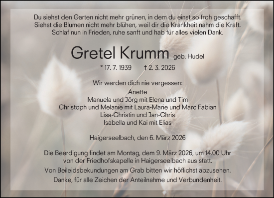 Traueranzeige von Gretel Krumm von Dill Block