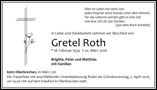 Traueranzeige von Gretel Roth von Camberger Anzeiger