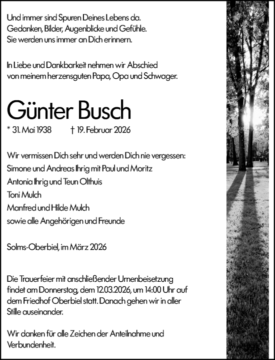 Traueranzeige von Günter Busch von Wetzlarer Neue Zeitung