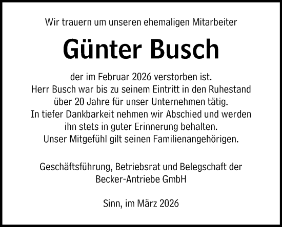 Traueranzeige von Günter Busch von Wetzlarer Neue Zeitung