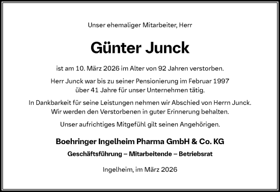 Traueranzeige von Günter Junck von Allgemeine Zeitung Rheinhessen-Nahe