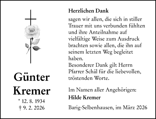 Traueranzeige von Günter Kremer von Weilburger Tageblatt