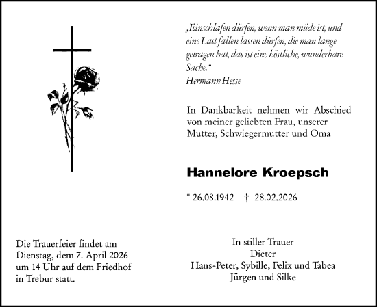 Traueranzeige von Hannelore Kroepsch von Groß-Gerauer Echo