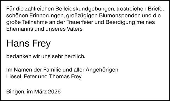 Traueranzeige von Hans Frey von Allgemeine Zeitung Rheinhessen-Nahe