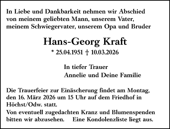 Traueranzeige von Hans-Georg Kraft von Odenwälder Echo