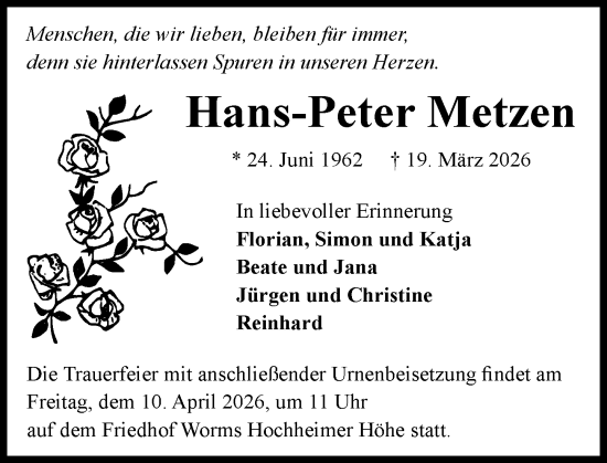 Traueranzeige von Hans-Peter Metzen von Wormser Zeitung