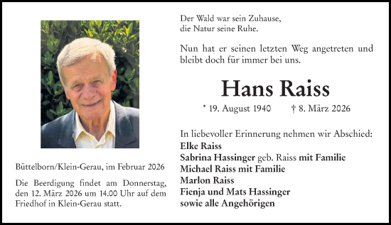 Traueranzeige von Hans Raiss von Groß-Gerauer Echo