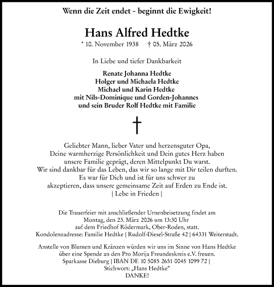 Traueranzeige von Hans Alfred Hedtke von Darmstädter Echo