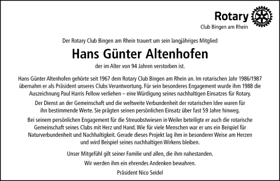 Traueranzeige von Hans Günter Altenhofen von Allgemeine Zeitung Rheinhessen-Nahe