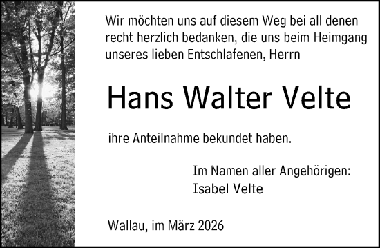 Traueranzeige von Hans Walter Velte von Hinterländer Anzeiger