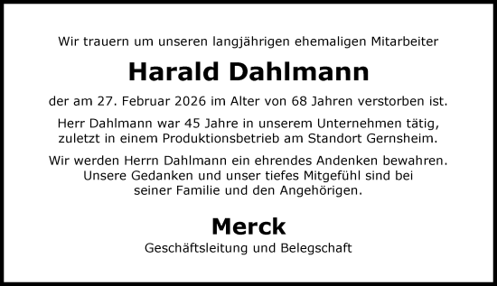 Traueranzeige von Harald Dahlmann von Groß-Gerauer Echo